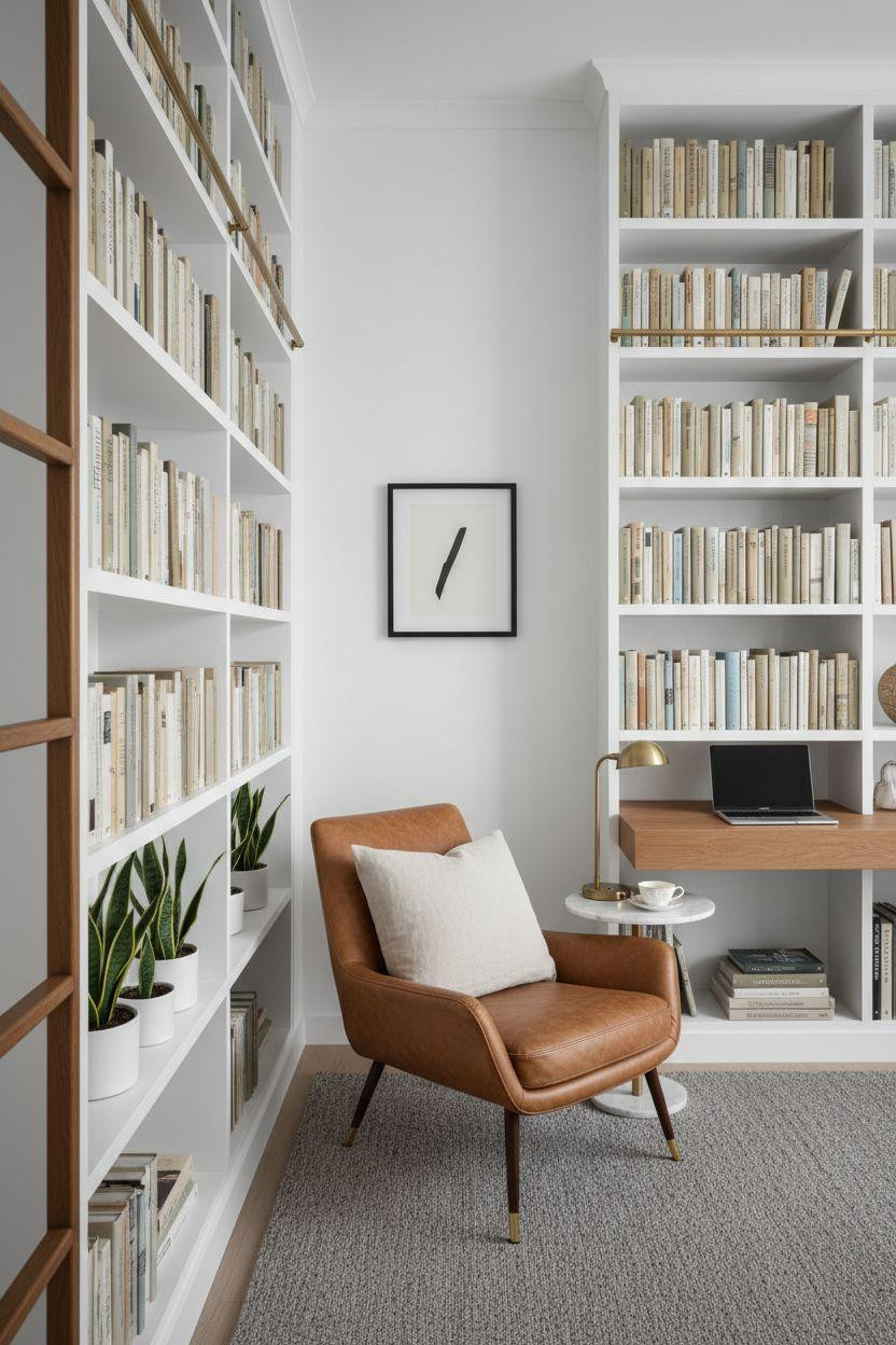 Small Home Library Ideas - modern minimal white library