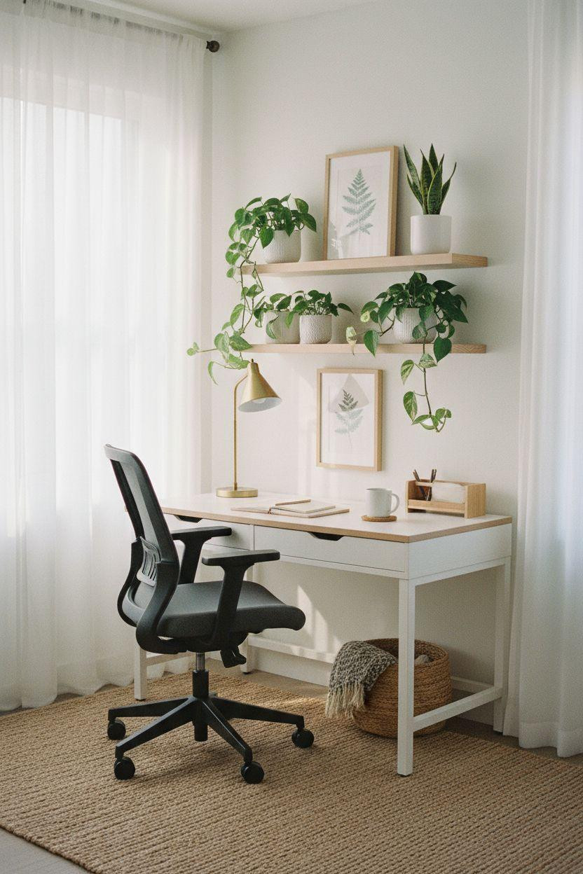 Office room ideas featuring white desk with oak top and floating shelves