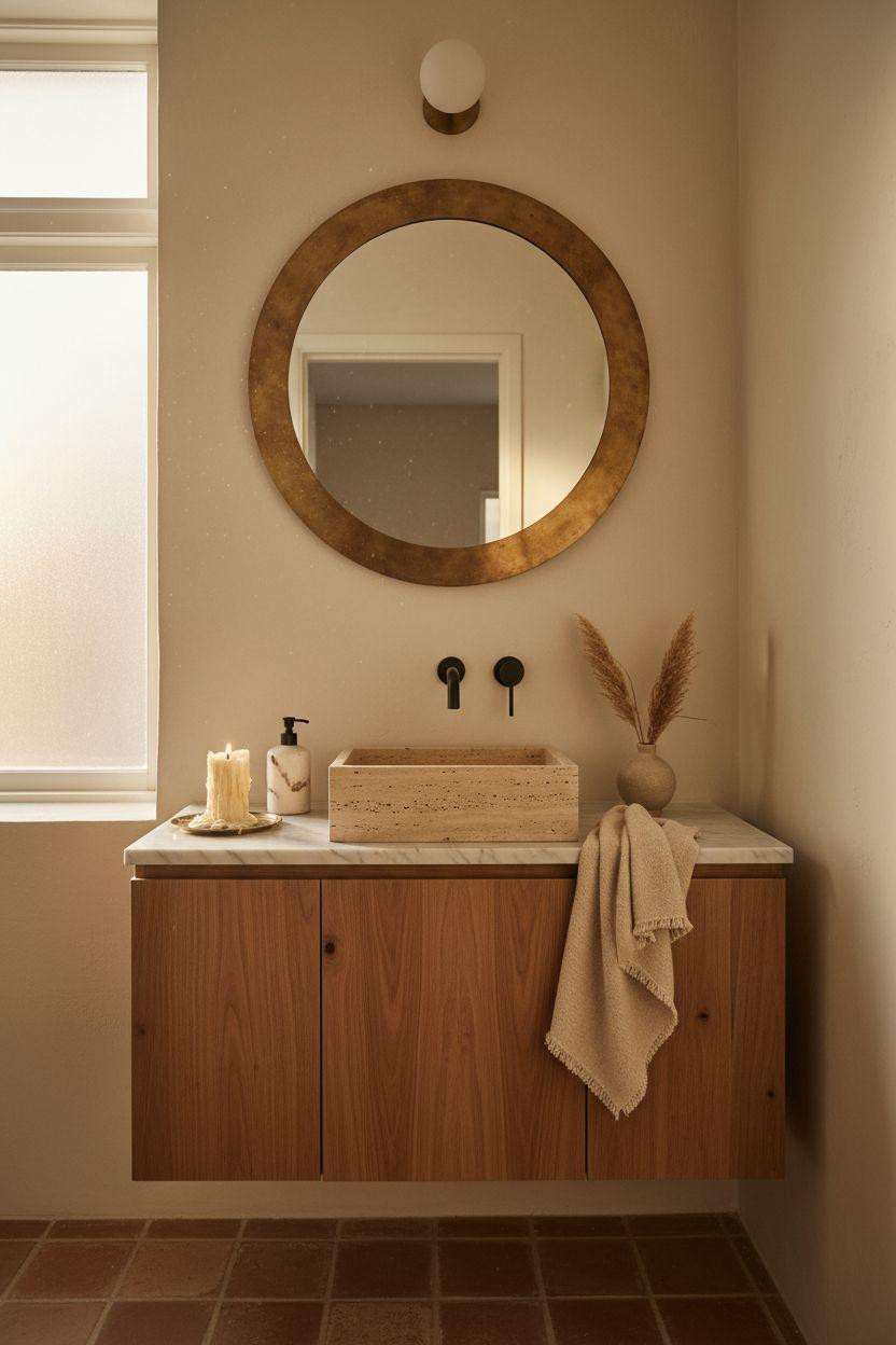 Powder Room Ideas - travertine vessel sink on teak wood