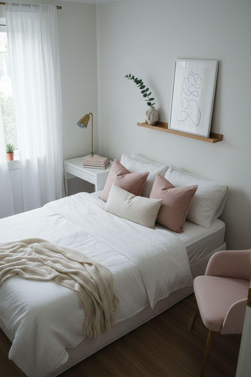 minimalist teen bedroom with white linen bedding oak floating shelf and simple line art