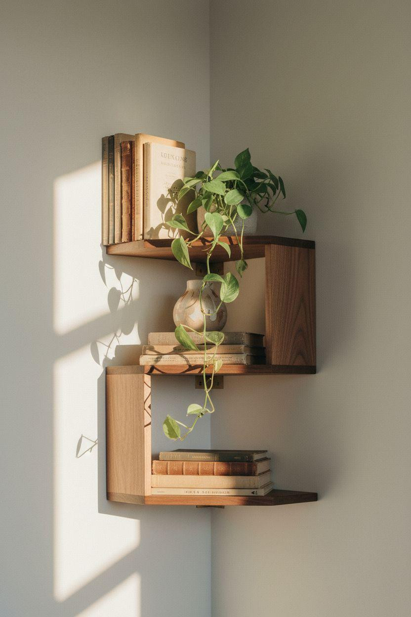 Corner bookshelf - minimalist floating walnut with brass hardware