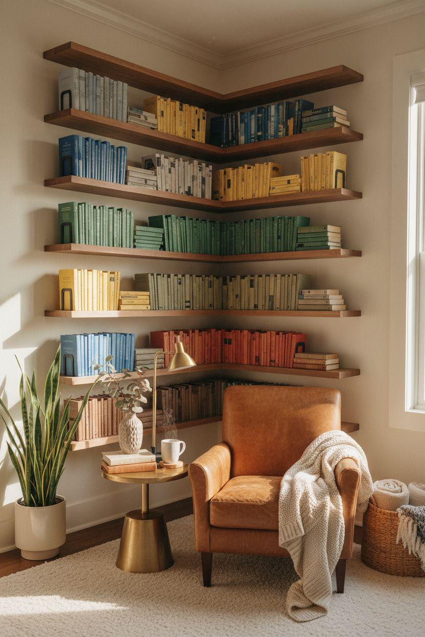 Small Home Library Ideas - floating walnut shelves reading nook