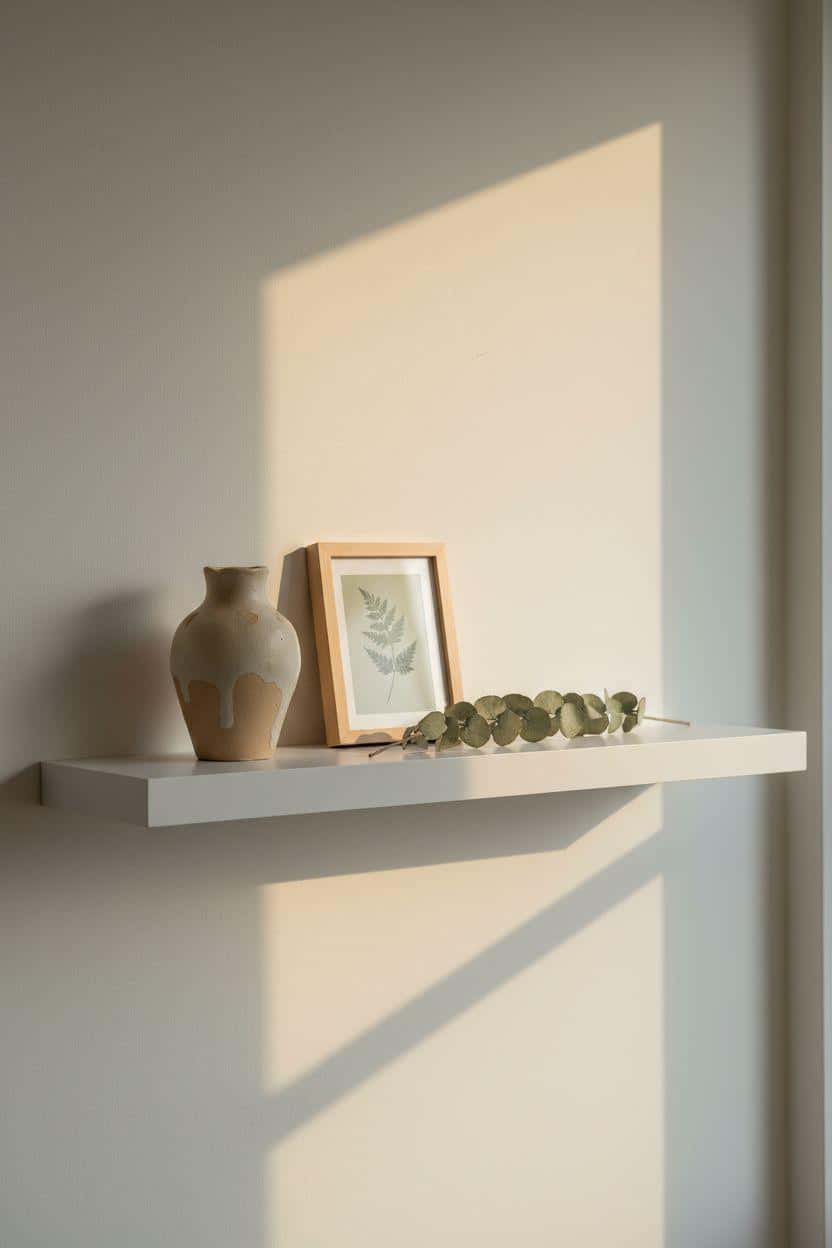 Shelf Decor Living Room - minimalist white shelf with ceramic vase and botanical print