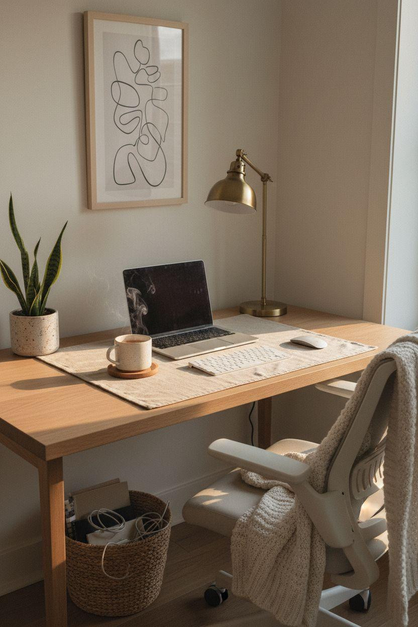 Work From Home Set Up Minimalist - cozy textiles with oak desk
