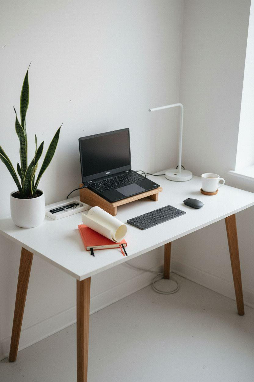 Work From Home Set Up Minimalist - oak desk with colorful accent