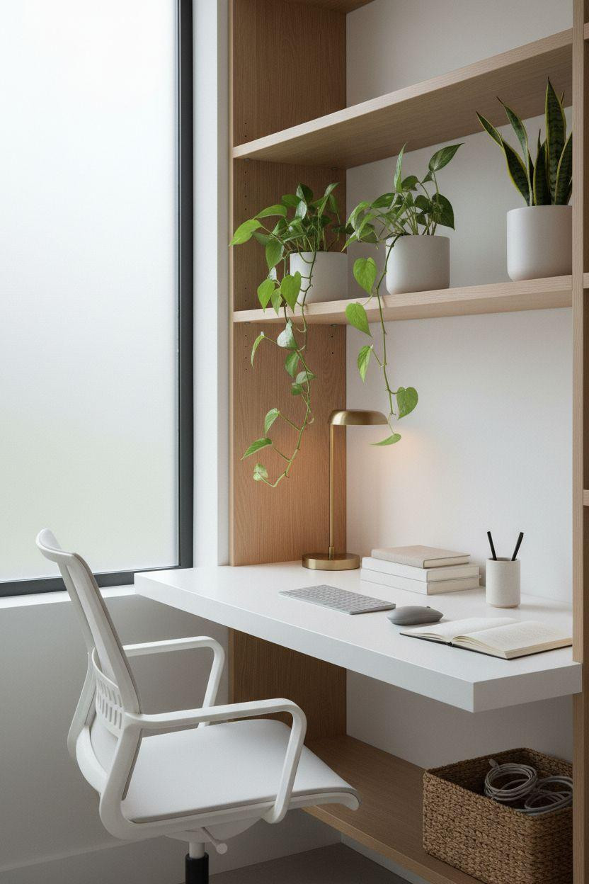 Work From Home Set Up Minimalist - floating shelves with greenery
