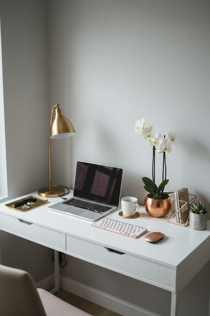 Work From Home Set Up Minimalist - metallic accents on white desk