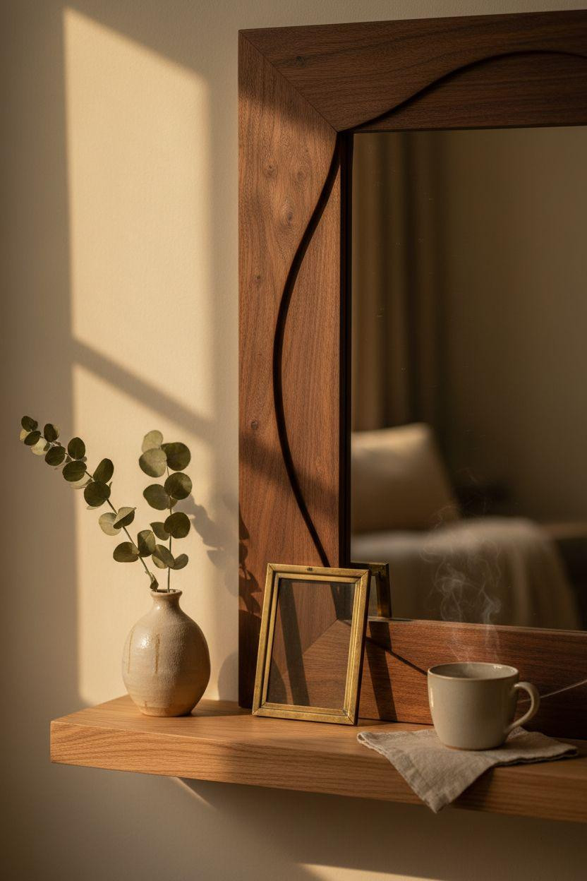 Mirror Wall Decor - hand-carved walnut mirror with artisan details