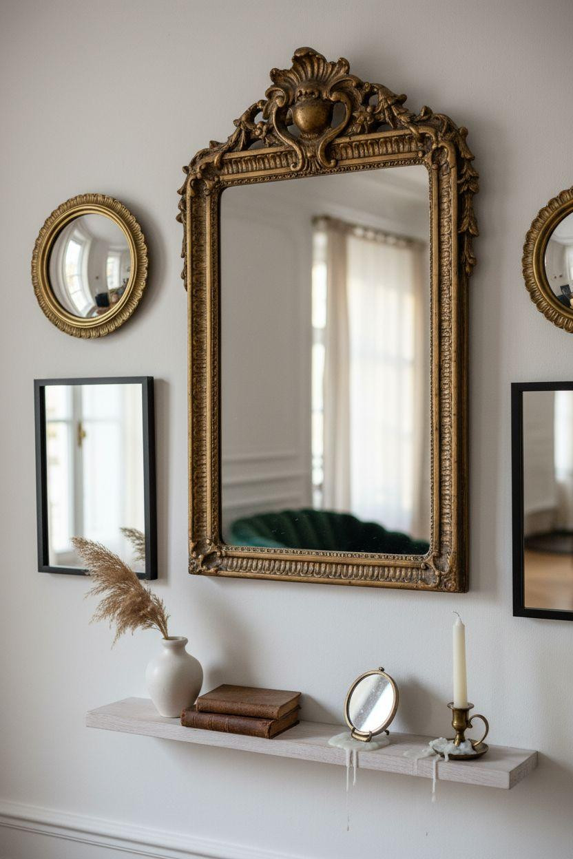 Mirror Wall Decor - sculptural brass mirror with baroque details