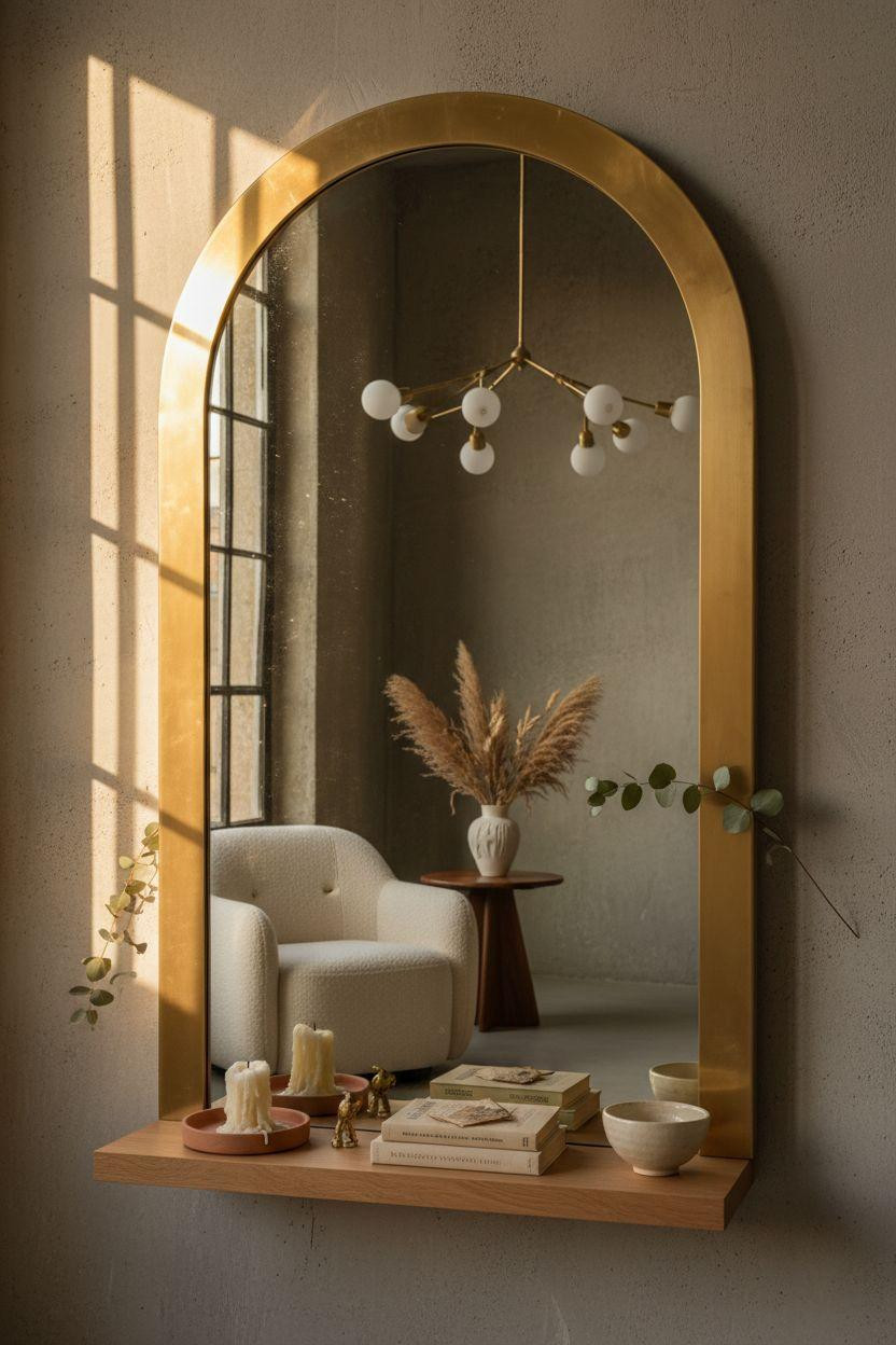 Mirror Wall Decor - arched brass mirror in Milanese loft