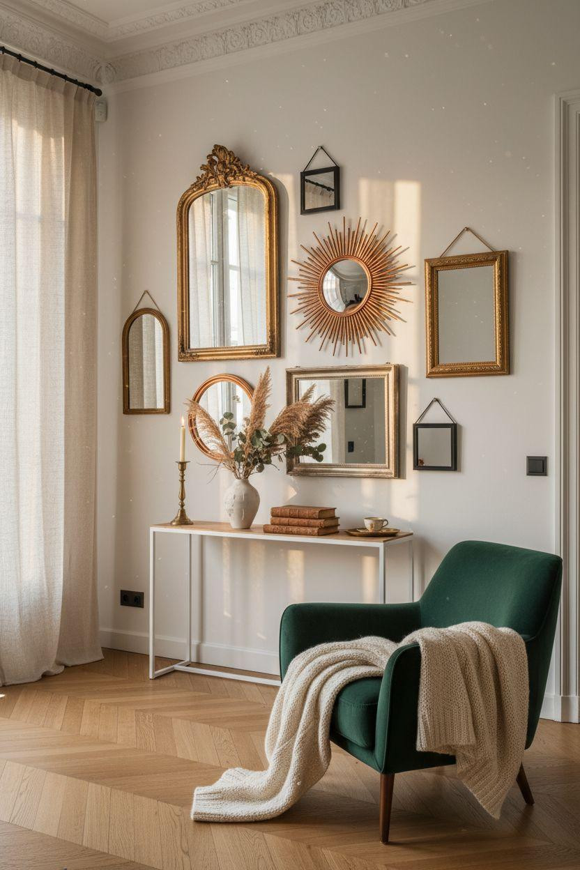 Mirror Wall Decor - modern mirrors with brass and copper in Parisian apartment