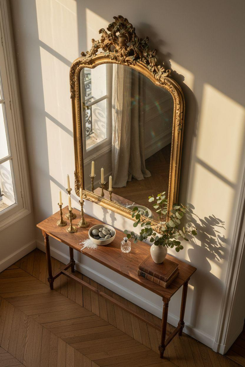 Mirror Wall Decor - ornate brass mirror in Parisian entry hall