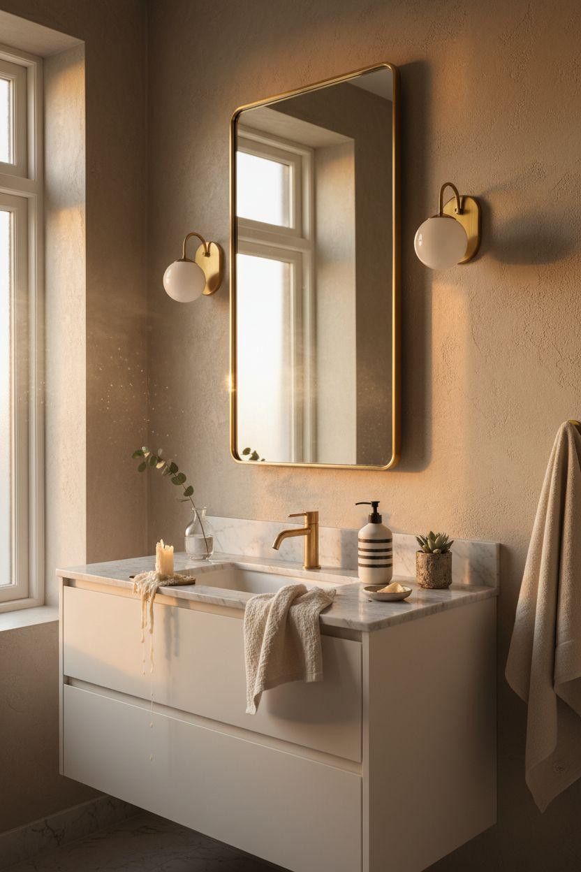 Bathroom Mirror - rectangular brass mirror with sconces at different heights