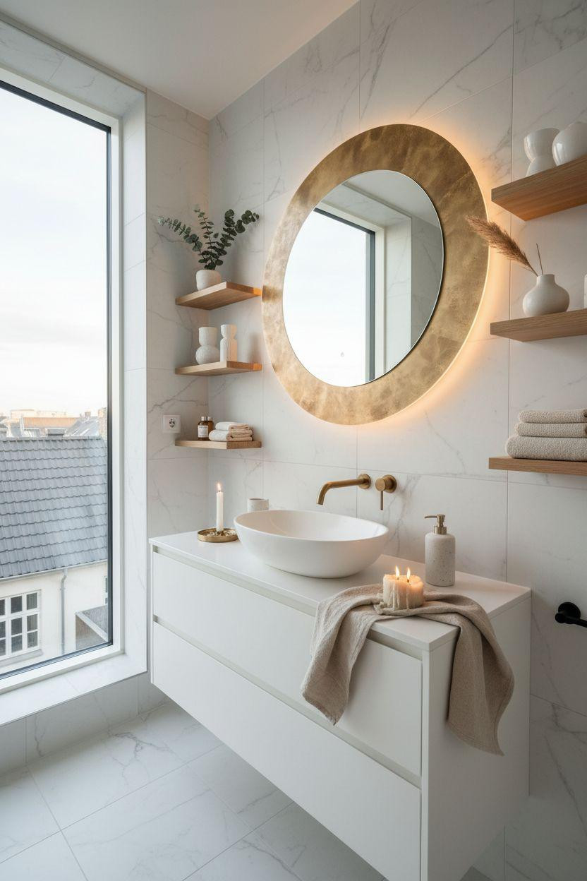Bathroom Mirror - round brass mirror with white oak floating shelves