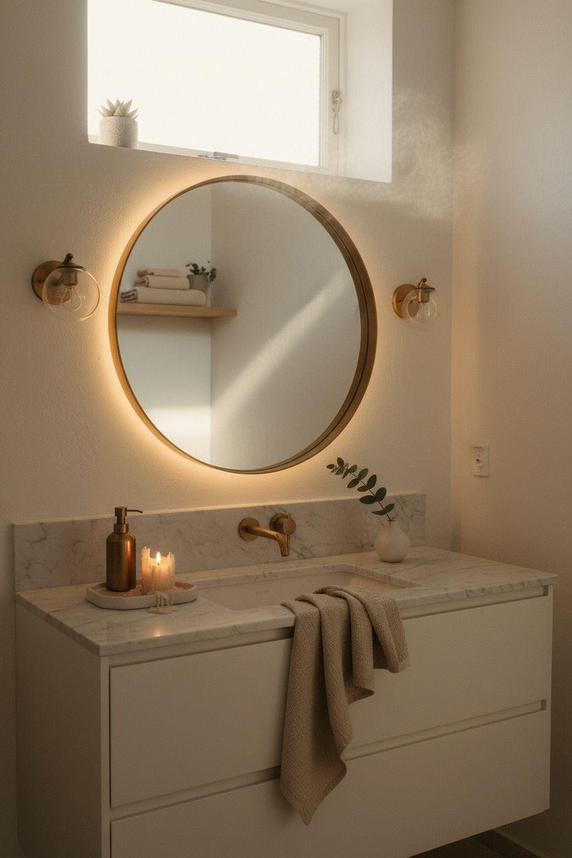 Bathroom Mirror - circular mirror with aged brass frame and flanking sconces