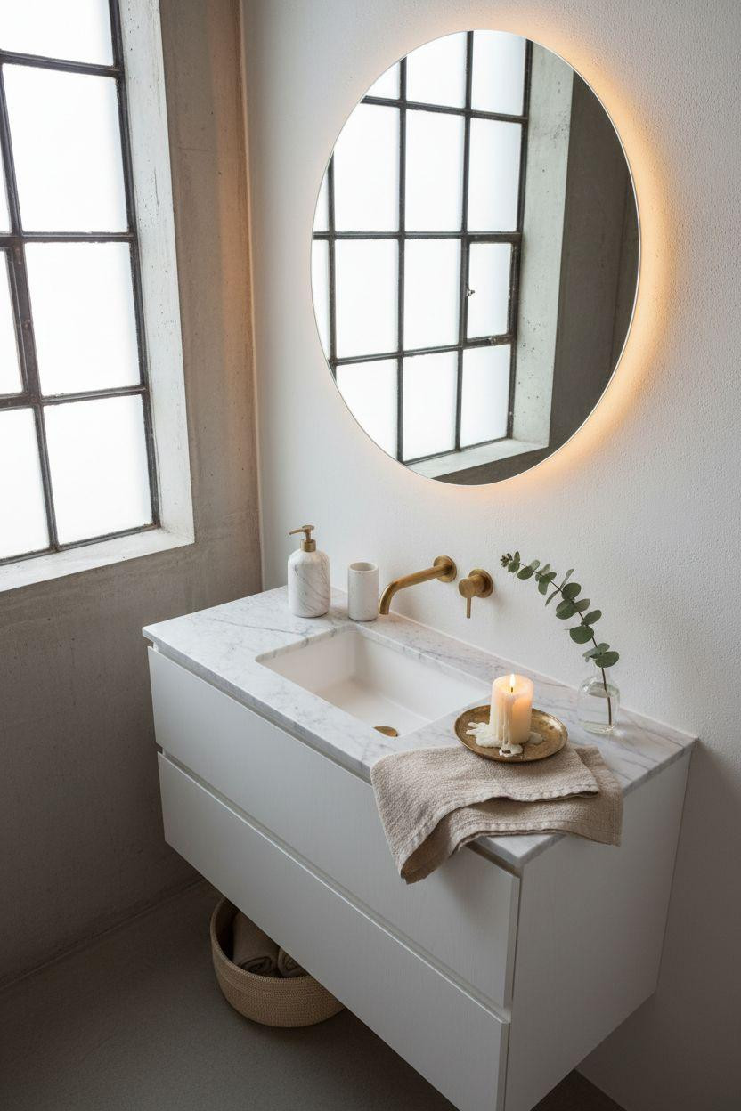 Bathroom Mirror - overhead view of circular backlit mirror and vanity styling