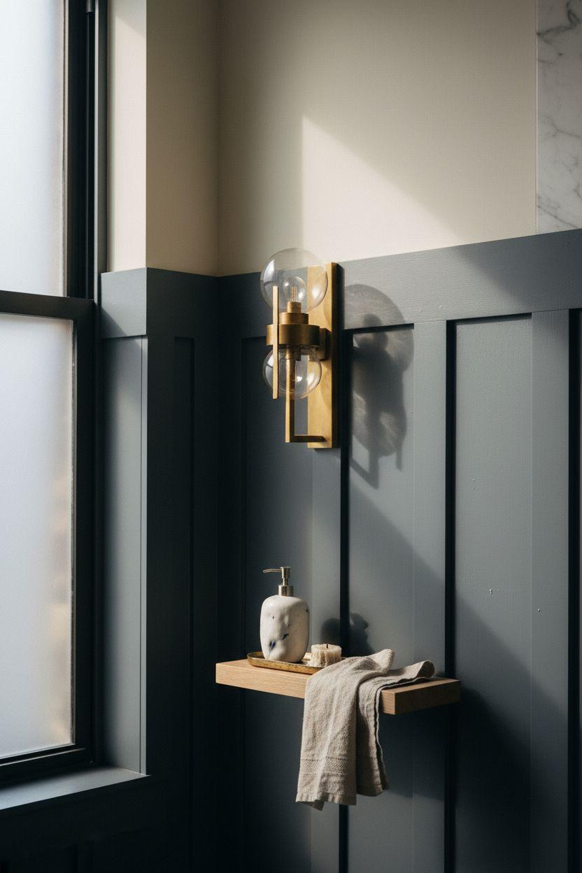Wainscoting bathroom with dark gray modern panels and metallic details