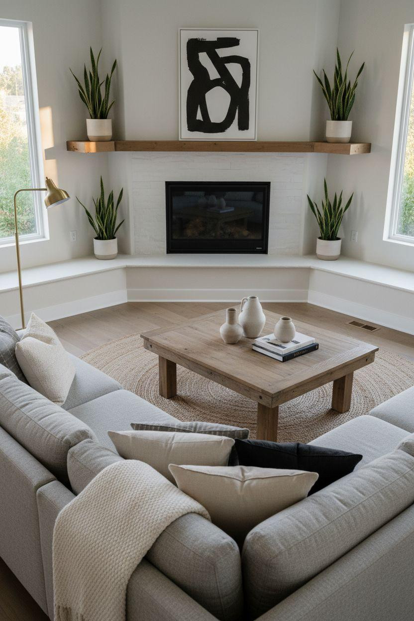 Corner Fireplace Living Room Layout with contemporary linear fireplace