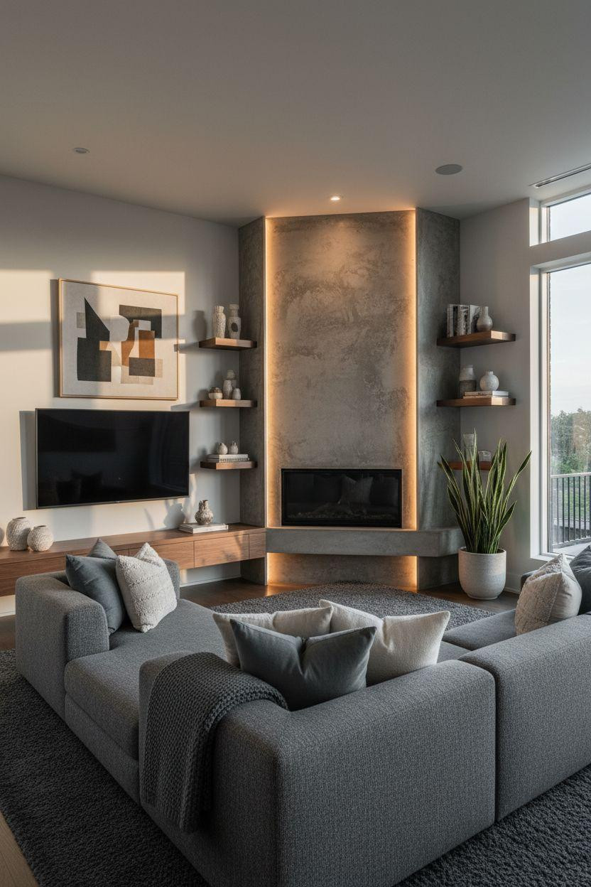 Corner Fireplace Living Room Layout with contemporary concrete finish