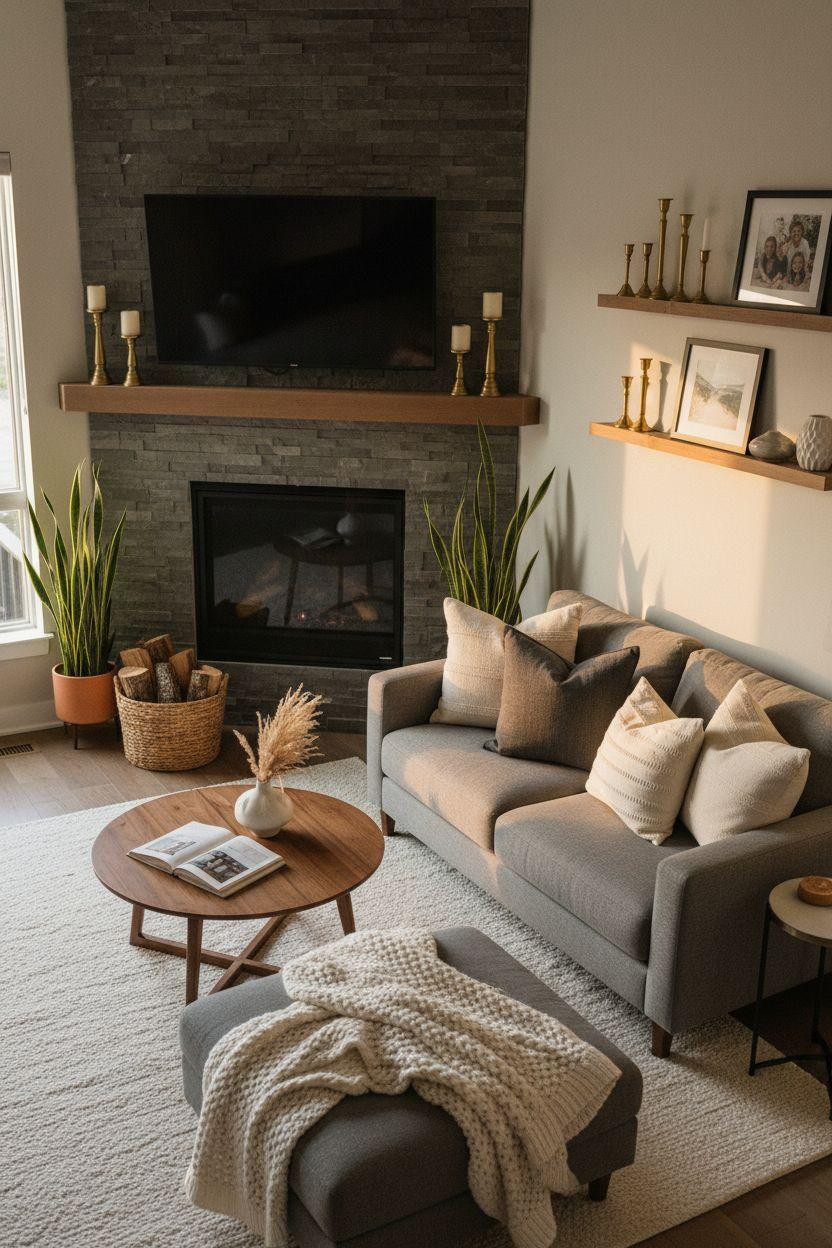 Modern small living room with sleek corner gas fireplace