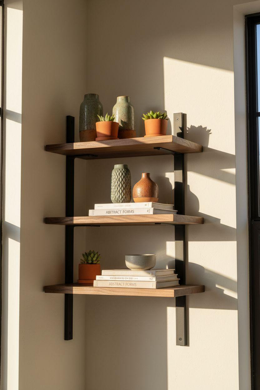 Corner bookshelf - floating walnut shelves with curated decor