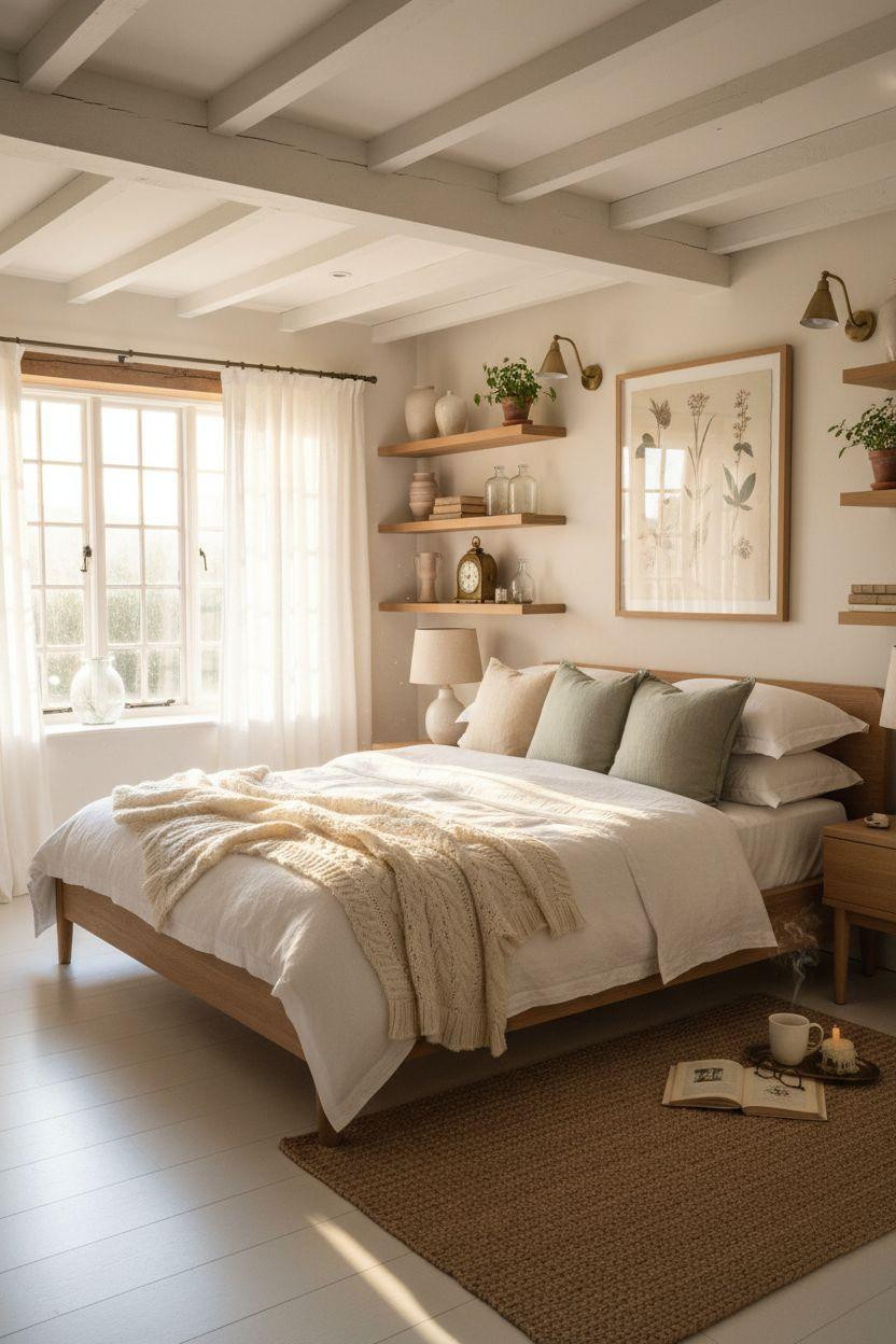 Cottage Bedroom - modern cottage with floating oak shelves