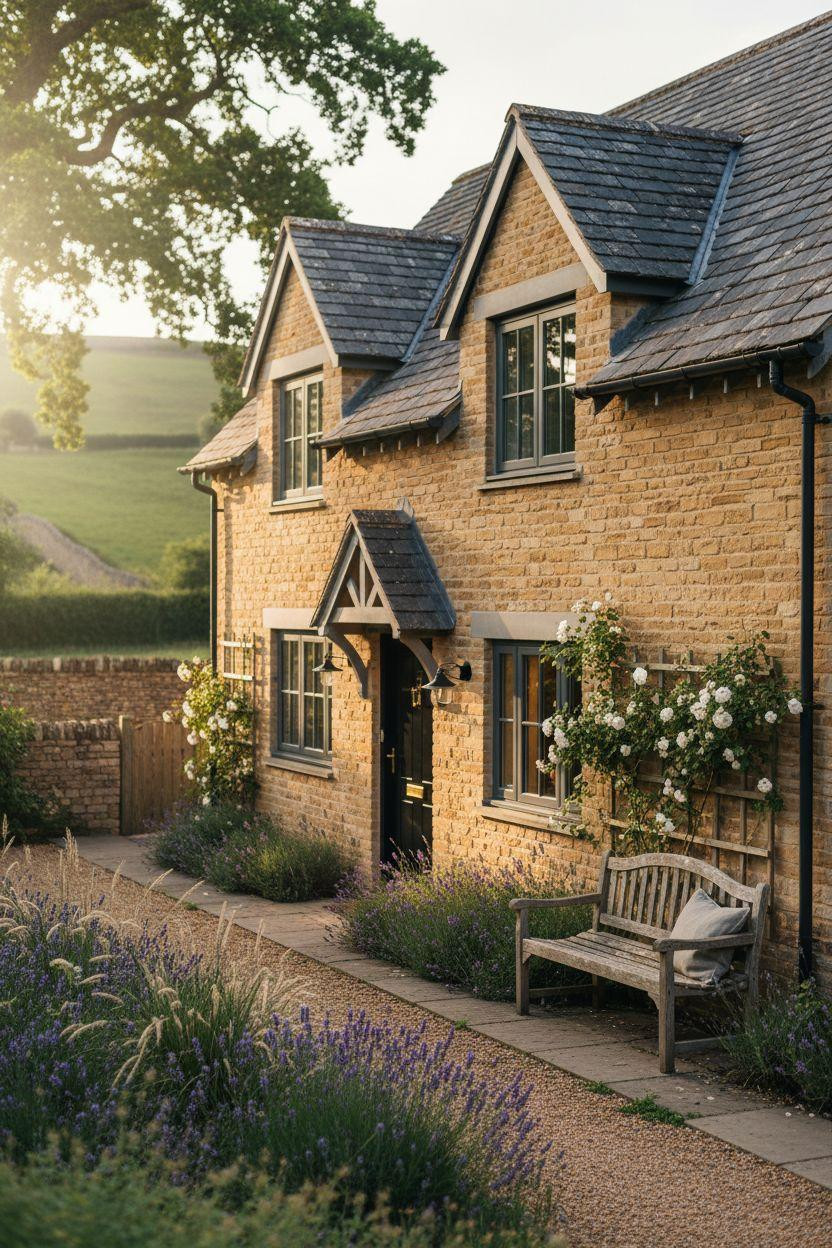 Modern Cottage Homes - stone cottage with aged brass hardware