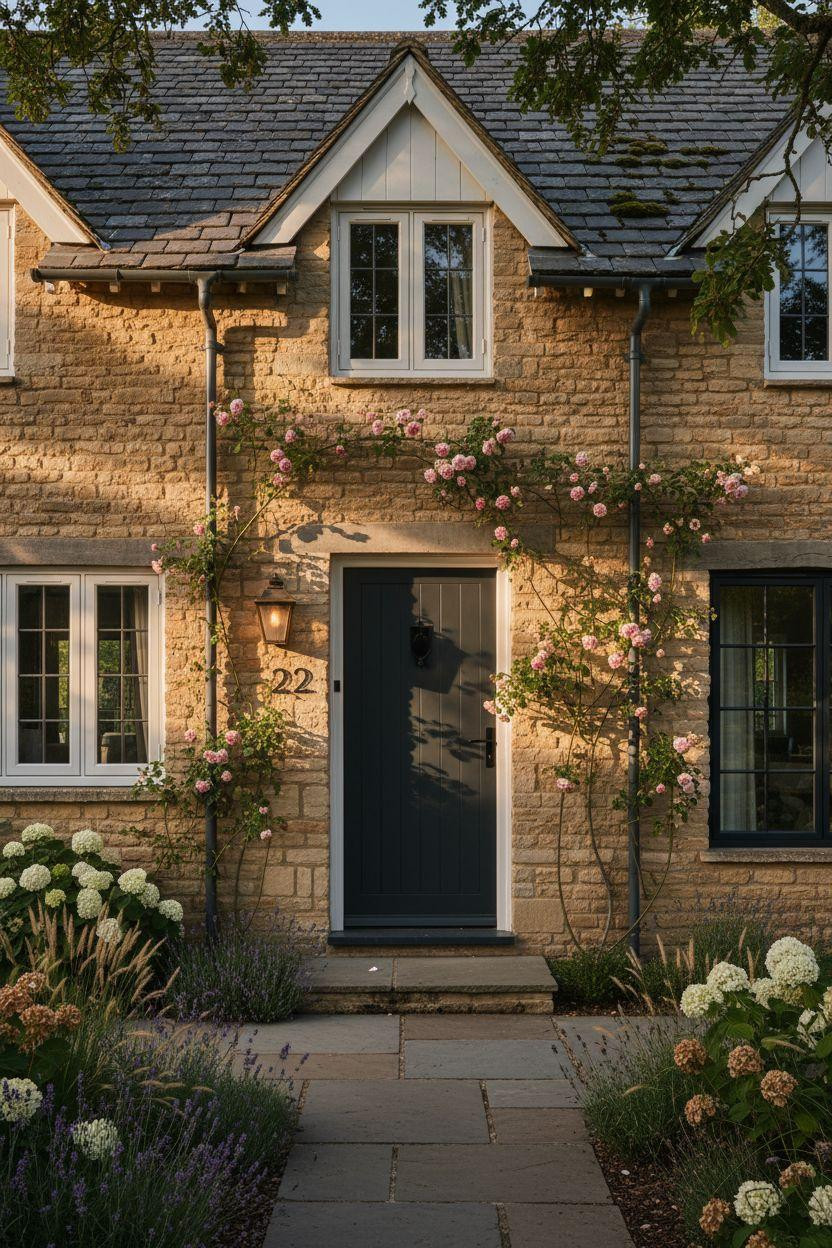 Modern Cottage Homes - limestone exterior with climbing roses