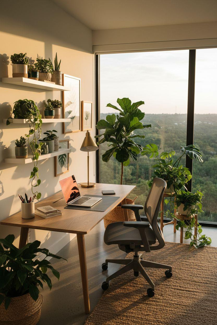Office room ideas with three-tier plant stand and monstera