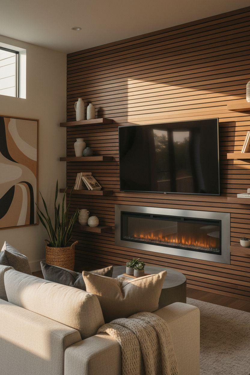 Electric fireplace ideas with wood slat media wall