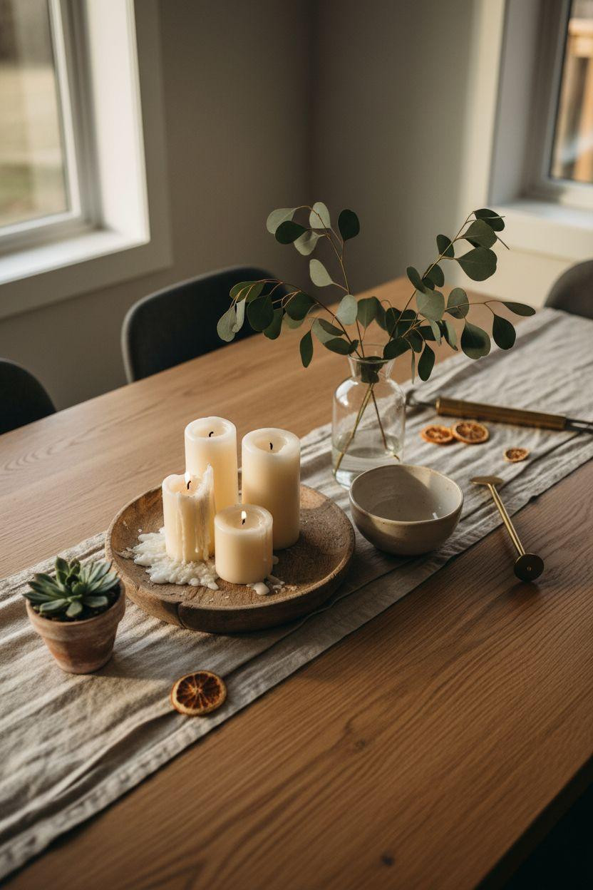 Dining room table centerpiece ideas featuring modern farmhouse candle styling
