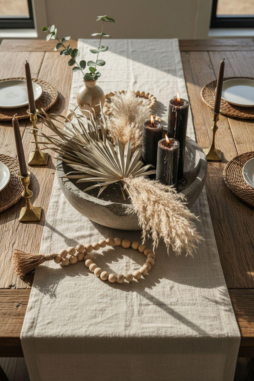 Dining room table centerpiece ideas with modern concrete and dried botanicals