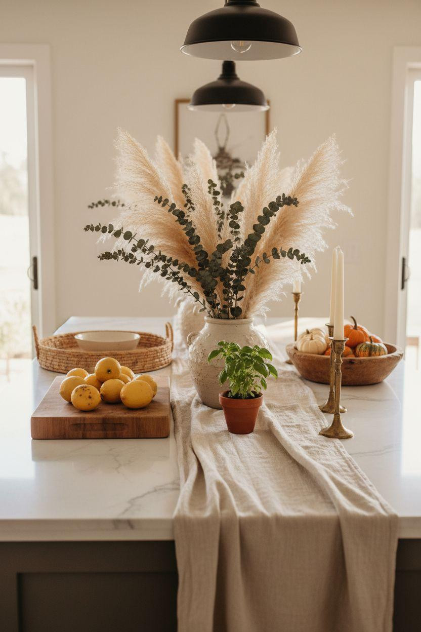 Kitchen island decor ideas with tall organic branches and pottery