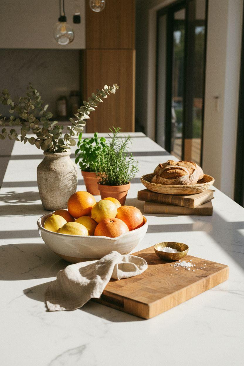 Kitchen island decor ideas with oversized ceramic bowl and fresh citrus