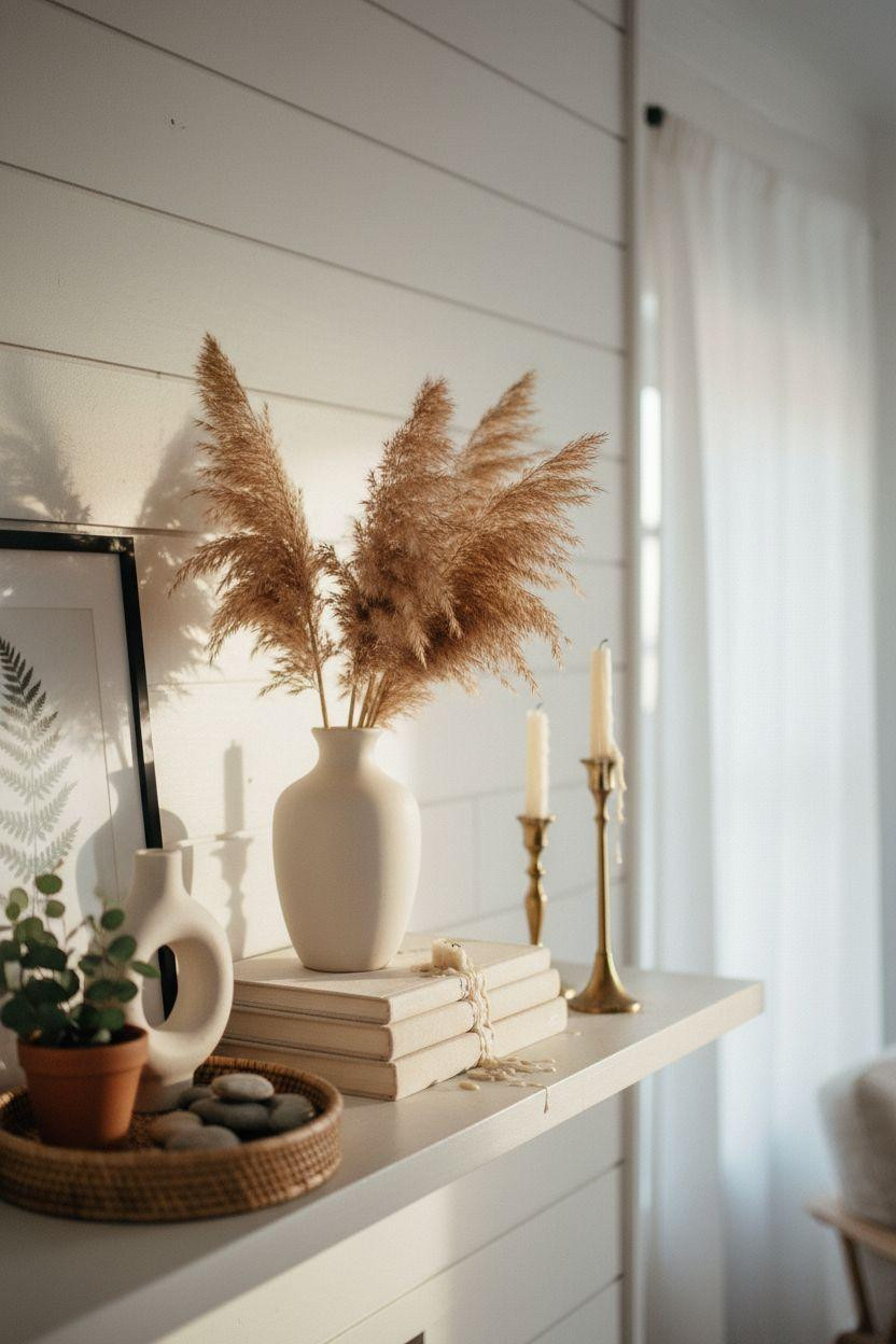 Fireplace Mantle Decor Ideas - modern minimalist pampas styling