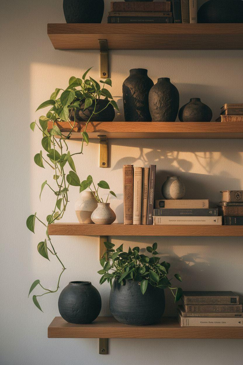 Shelf Decor Living Room - oak floating shelves with ceramic vases and trailing pothos plants