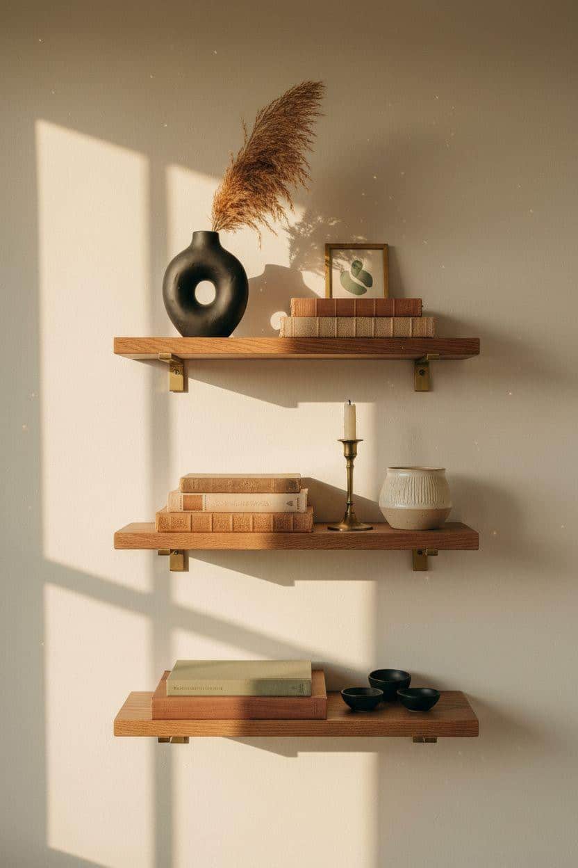 Shelf Decor Living Room - reclaimed oak floating shelves with dried pampas and brass brackets