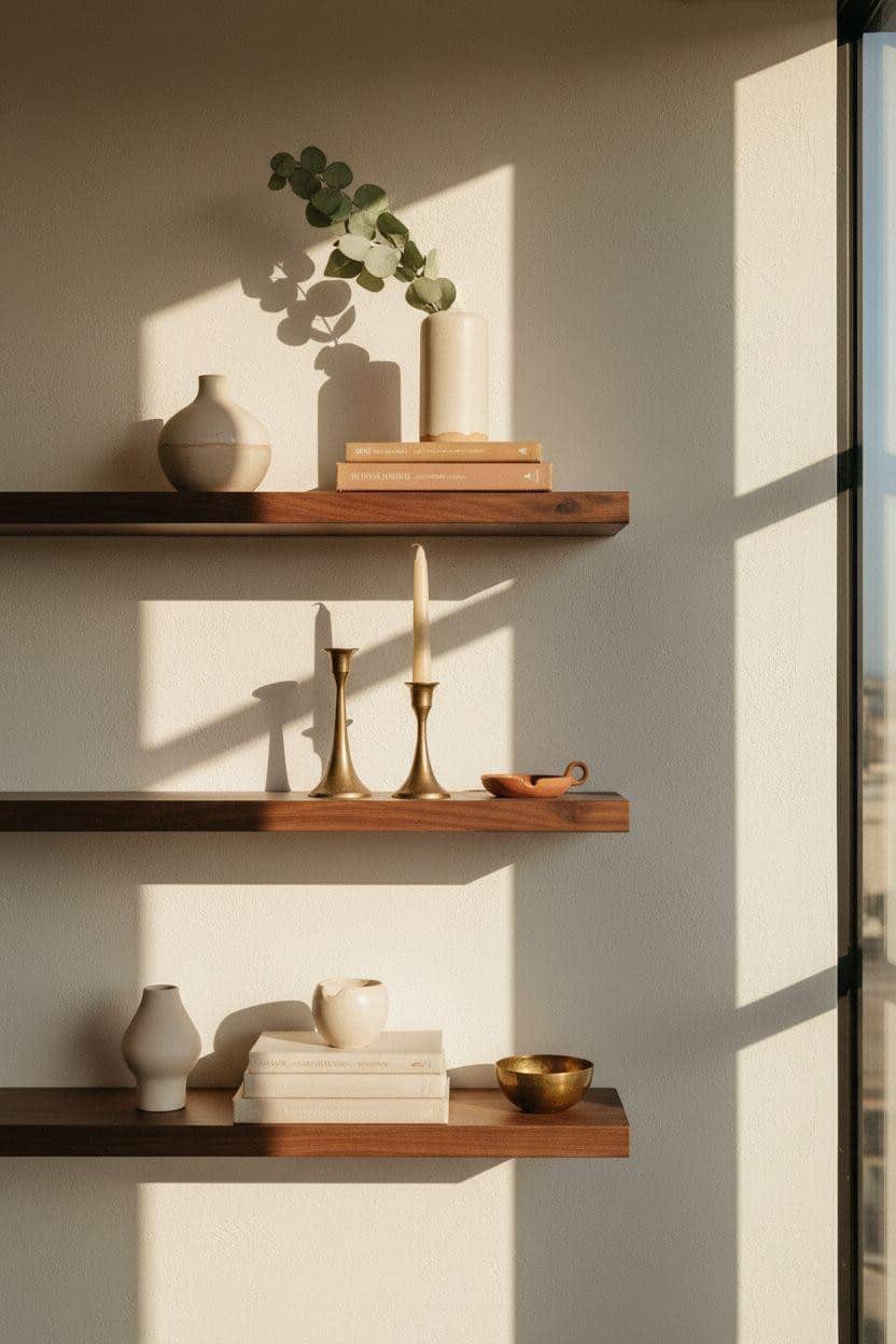 Shelf Decor Living Room - three-tier walnut shelves with ceramic vases and linen books