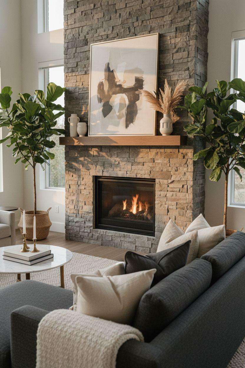 Fireplace Ideas - stacked stone with wood mantel