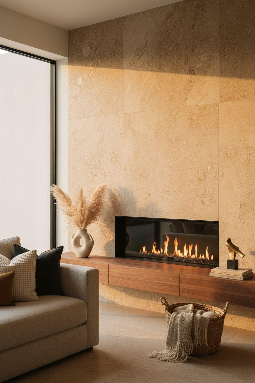 Fireplace Ideas - travertine stone with modern furniture