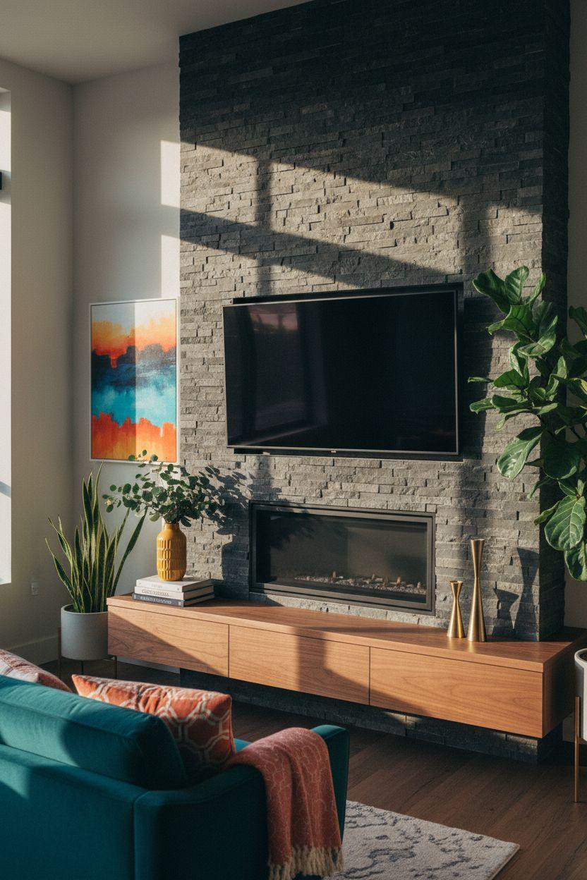 Fireplace Ideas - TV wall with colorful accents