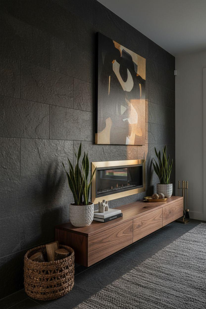 Fireplace Ideas - stone wall with linear fireplace