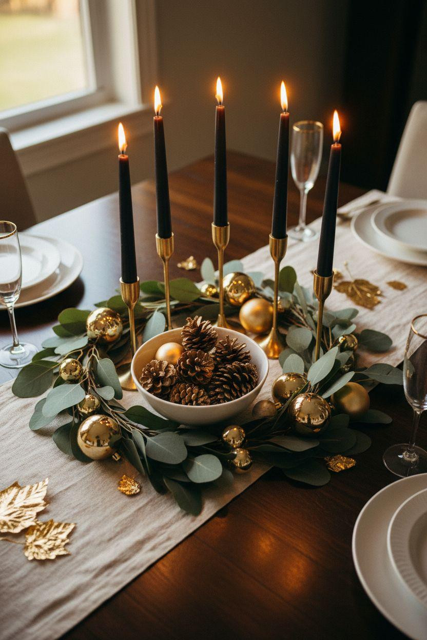 Holiday centerpieces for tables with dramatic black candles