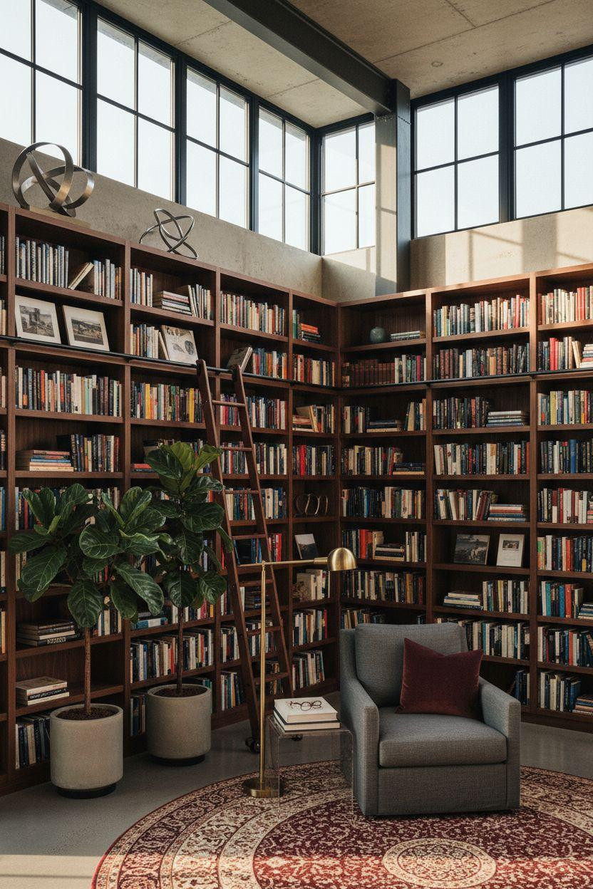 Dream Home Library Ideas - industrial style with concrete and steel