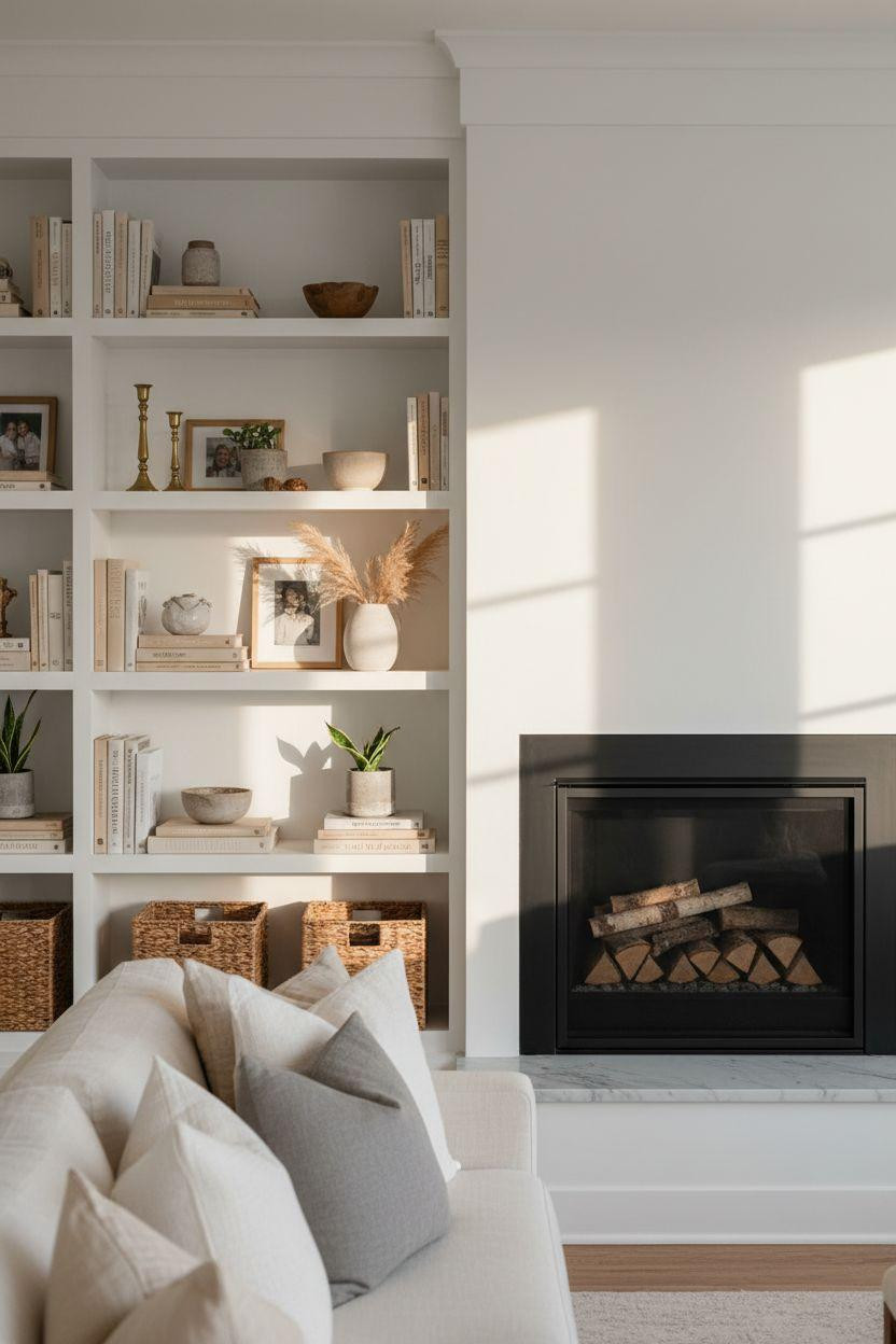 Corner Fireplace Living Room Layout with built-in white shelves