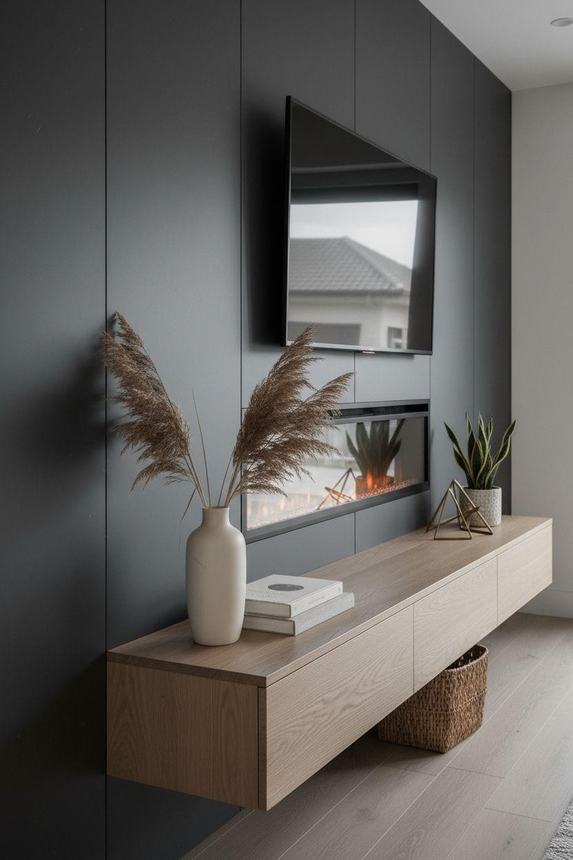 Media wall with fireplace and tv in charcoal gray with white oak console