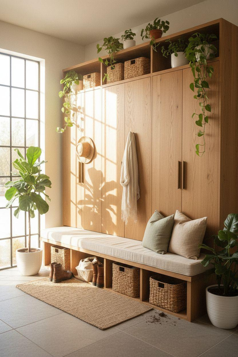 Mudroom lockers with abundant plants and natural light