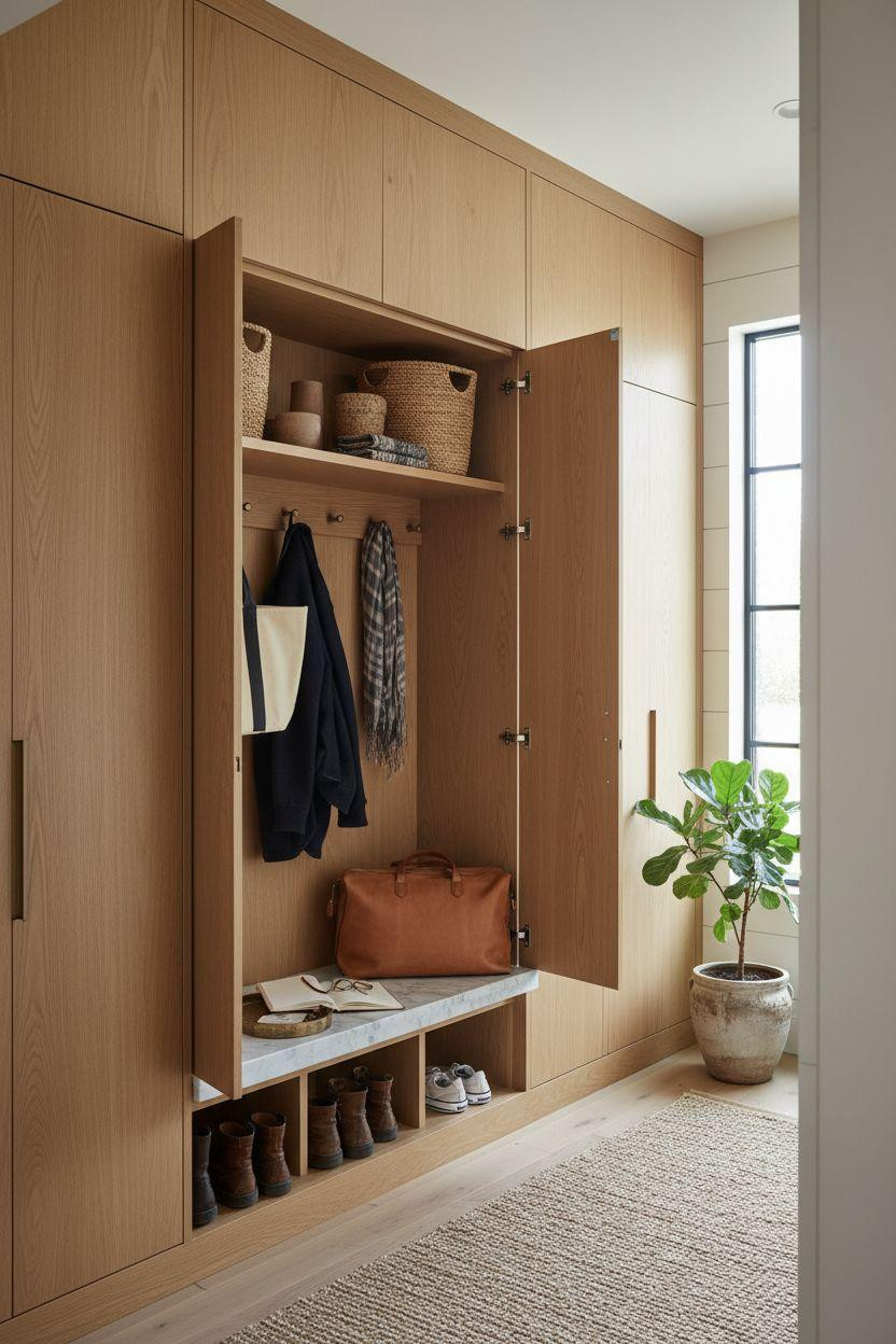 Mudroom lockers with honed Carrara marble bench and brass hooks