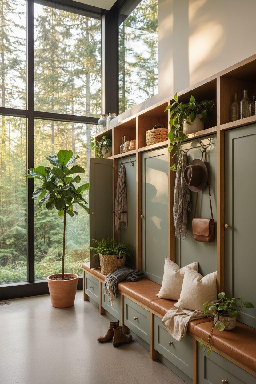 Mudroom lockers with sage green painted doors and forest views
