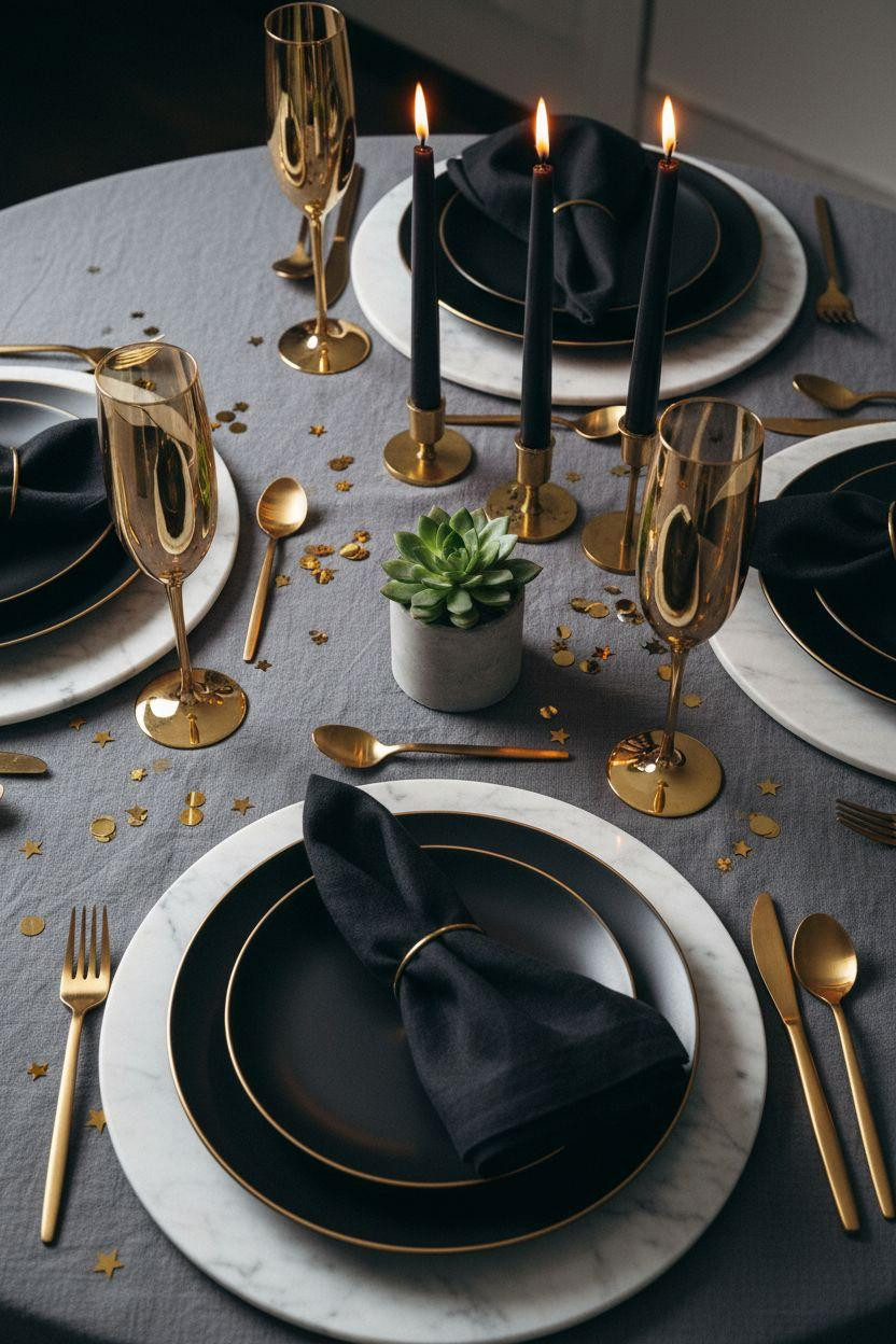 New Year table decoration with modern black plates